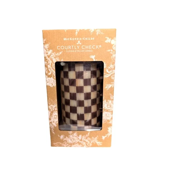 MacKenzie-Childs Courtly Check 8” Flicker Pillar Candle with Remote & Timer